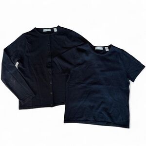 kate hill black Merino wool sweater set tshirt cardigan Petite PM MEDIUM classic